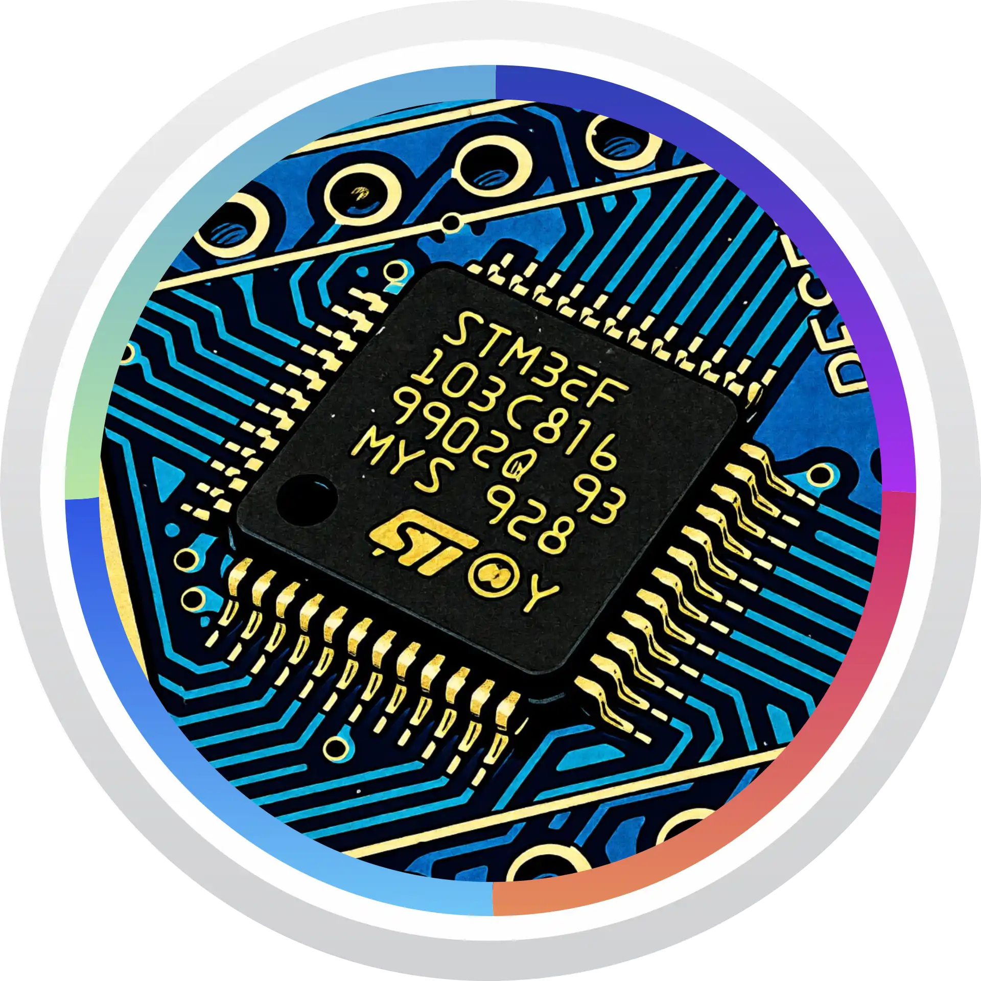 Микроконтроллер STM32F103C8T6 с ядром ARM Cortex-M3 на печатной плате с видимыми дорожками и контактными площадками.