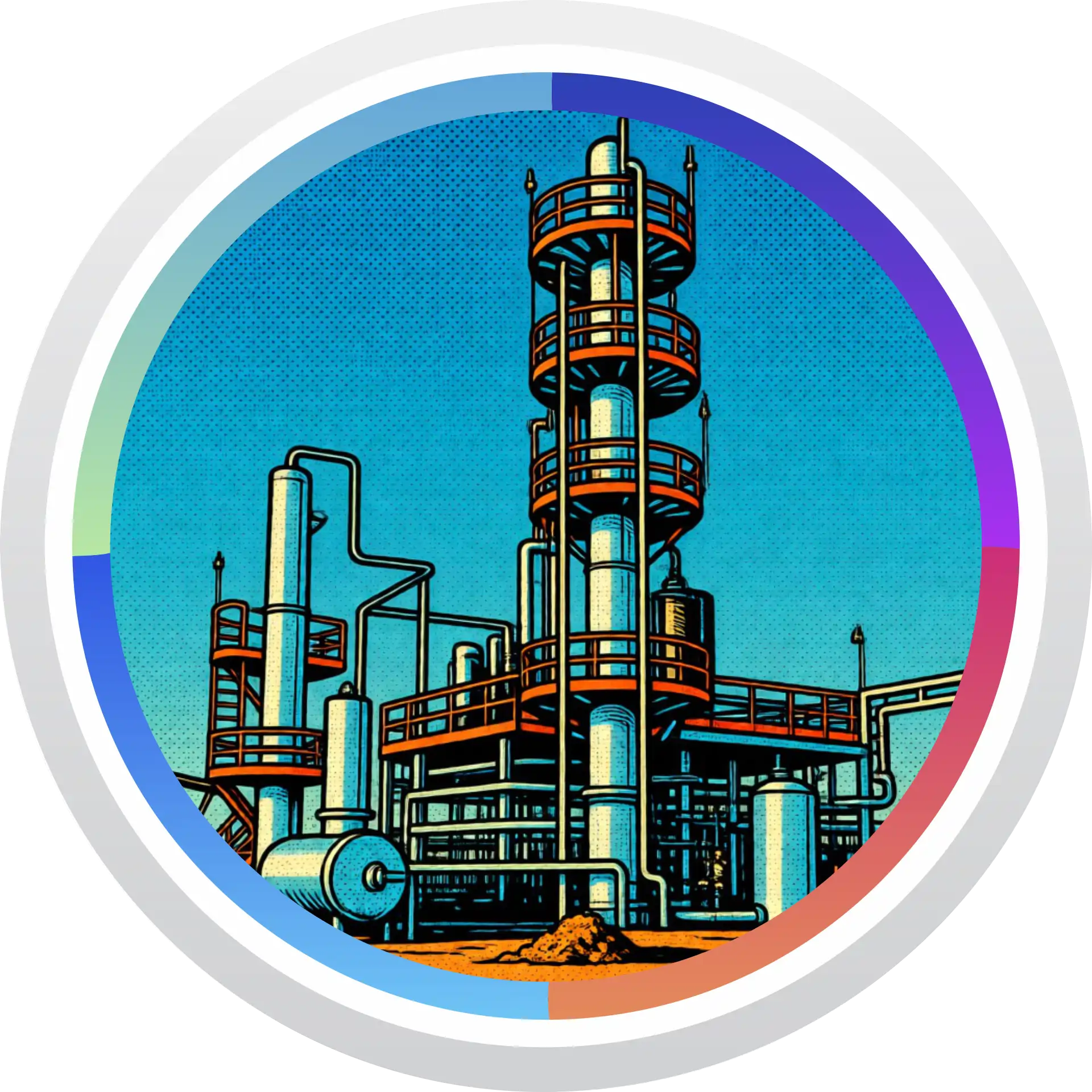 Технологическая установка атмосферной перегонки нефти с ректификационными колоннами, трубной обвязкой и элементами блока первичной переработки.