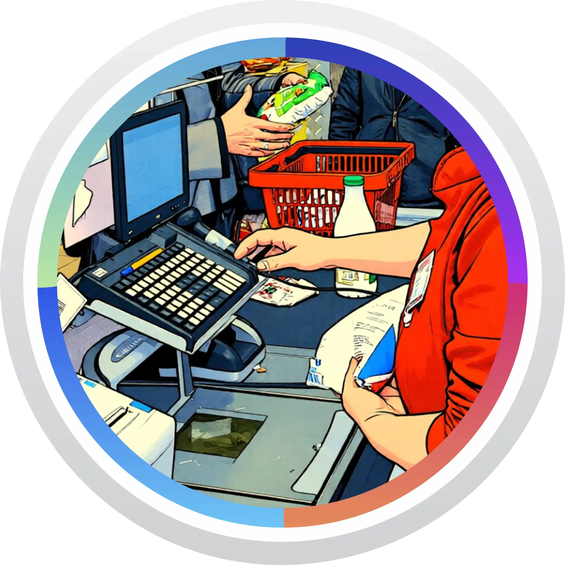 Продавец-кассир в красной форме сканирует товары на кассовом узле с POS-терминалом, монитором и красной корзиной для покупок.