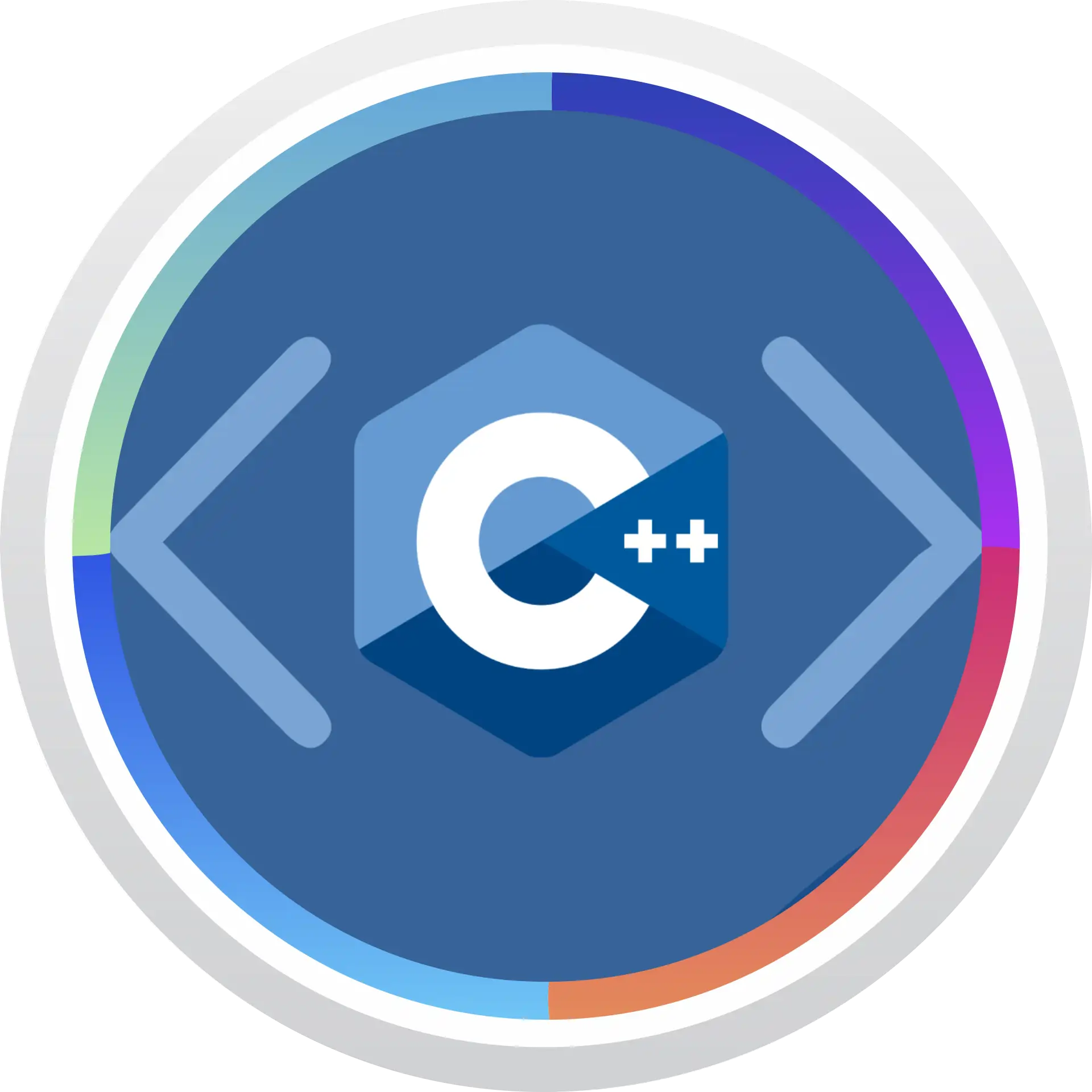 Логотип C++ внутри гексагона и угловых скобок, вписанный в синий круг с разноцветной кольцевой окантовкой на белом фоне.